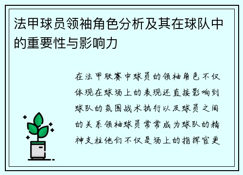 法甲球员领袖角色分析及其在球队中的重要性与影响力