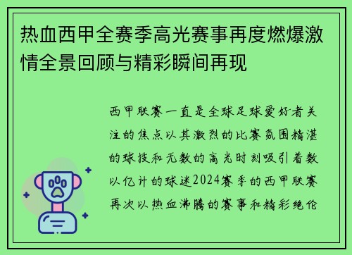 热血西甲全赛季高光赛事再度燃爆激情全景回顾与精彩瞬间再现