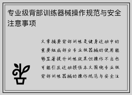 专业级背部训练器械操作规范与安全注意事项