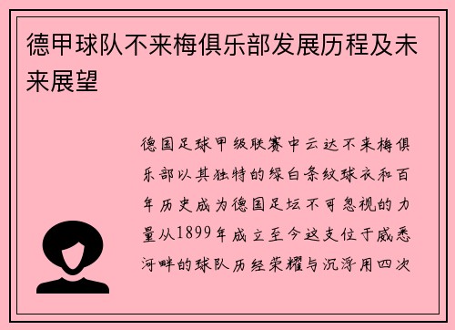 德甲球队不来梅俱乐部发展历程及未来展望