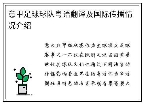 意甲足球球队粤语翻译及国际传播情况介绍